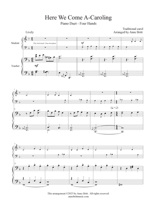 Here We Come A-Caroling (elementary student/teacher piano duet)