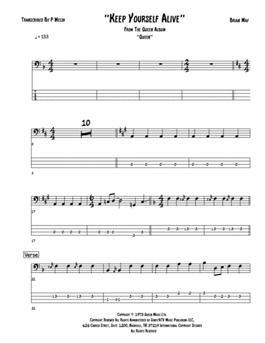Keep Yourself Alive Bass Guitar scores gallery preview page 1