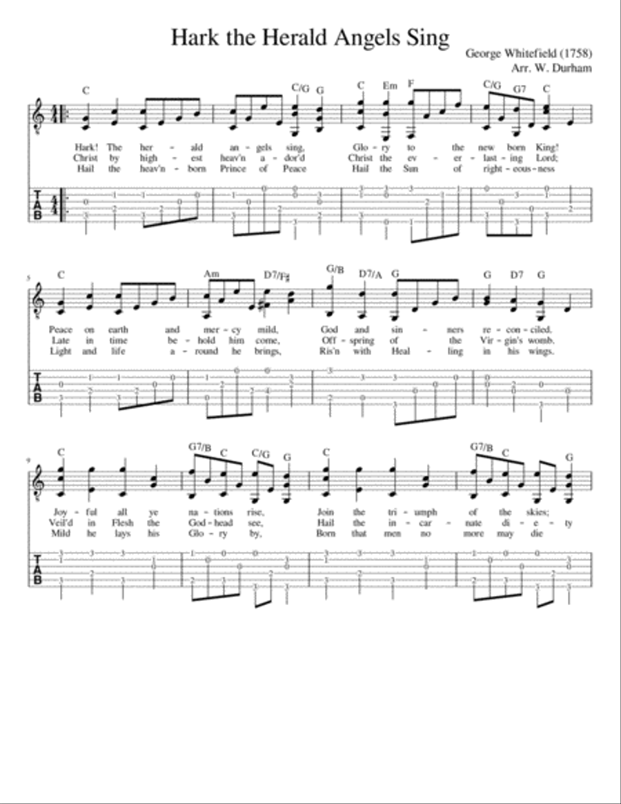 Hark! The Herald Angels Sing - for Fingerstyle guitar - tab & notation Fingerpicking Guitar scores gallery preview page 1