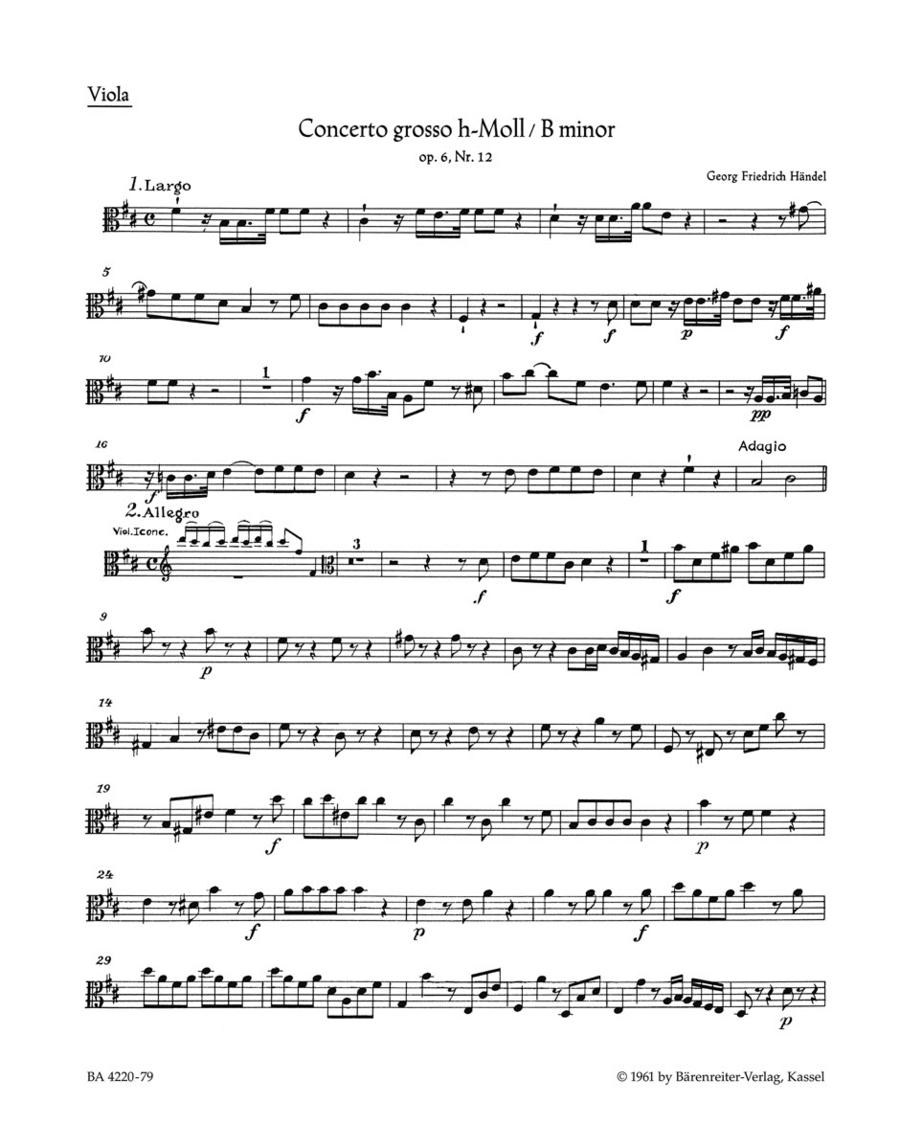Concerto grosso b minor, Op. 6/12 HWV 330 by George Frideric Handel Viola - Sheet Music