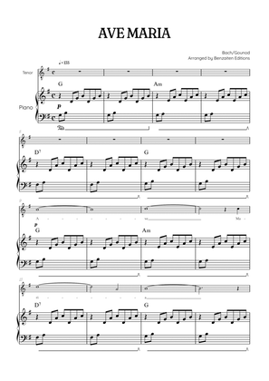 Bach / Gounod Ave Maria in G major • tenor sheet music with piano accompaniment and chords