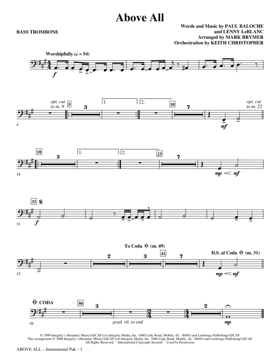 Above All (arr. Mark Brymer) - Bass Trombone