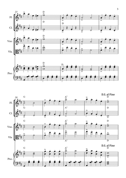 Jingle Bells in D (Flute, Clarinet Bb, Violin, Viola + Piano accomp) image number null