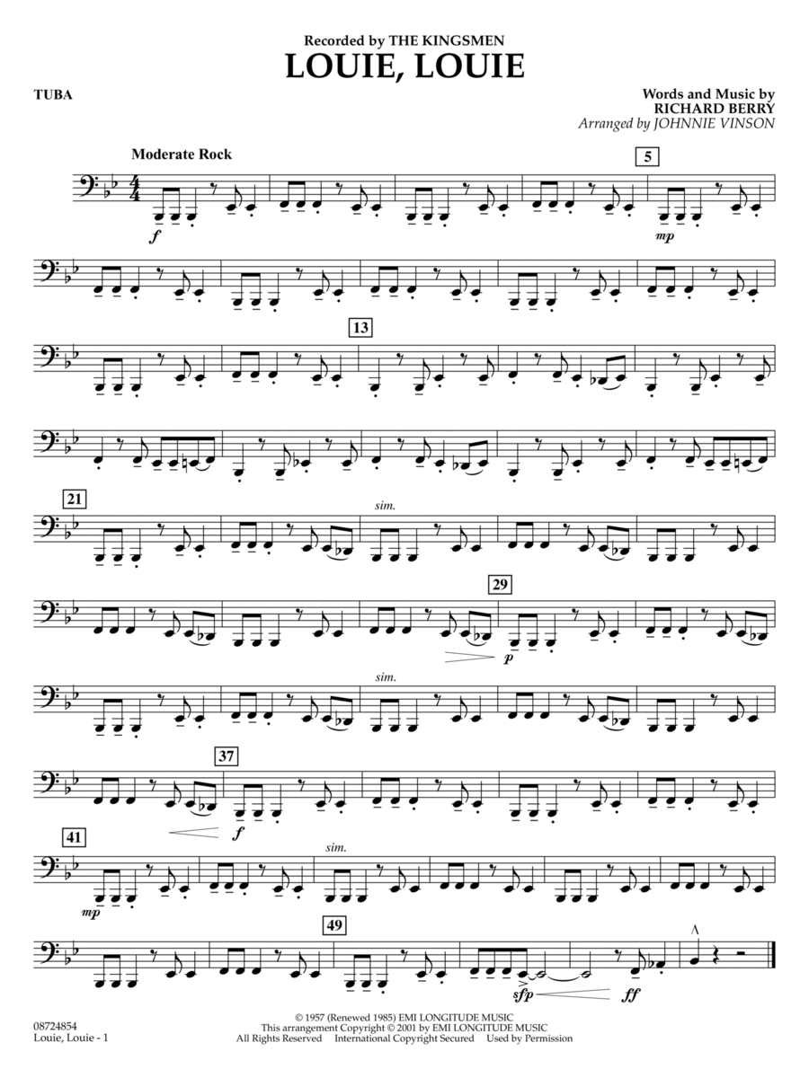 Louie, Louie (arr. Johnnie Vinson) - Tuba Concert Band scores gallery preview page 1
