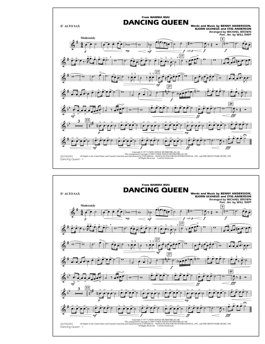 Dancing Queen (from "Mamma Mia!") - Eb Alto Sax