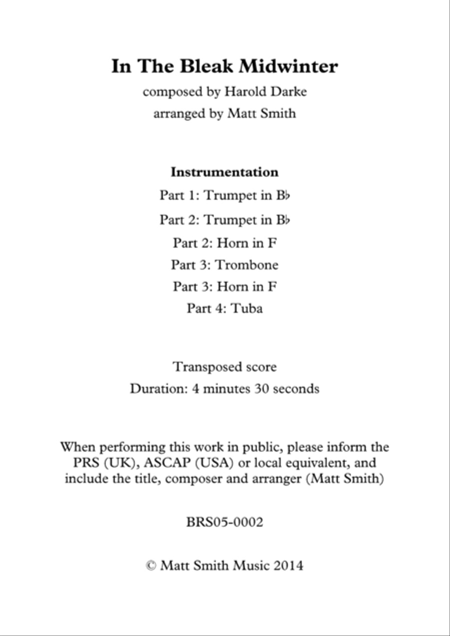 In The Bleak Midwinter by Harold Darke - BRASS QUARTET/QUINTET Brass Quartet scores gallery preview page 2