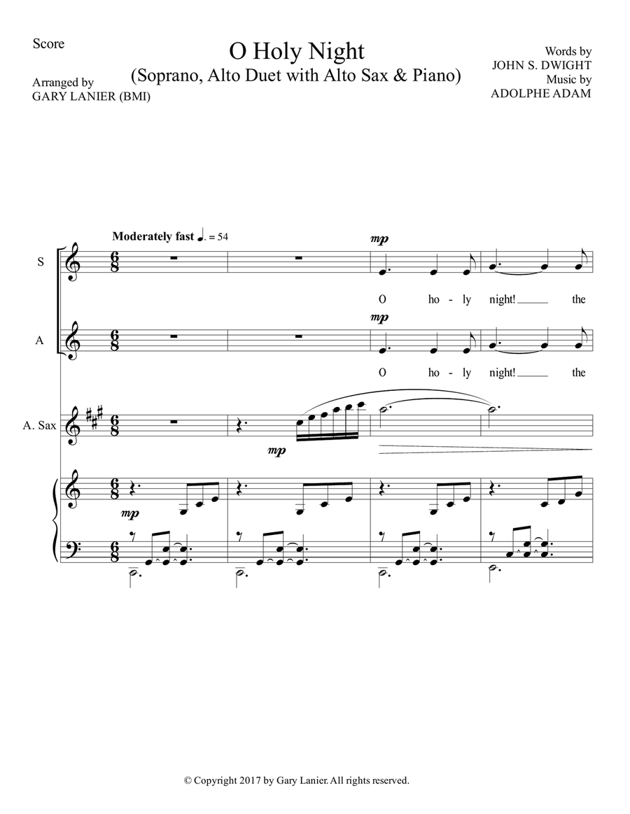 O HOLY NIGHT (Soprano, Alto Vocal Duet with Alto Sax & Piano - Score & Parts included) Small Ensemble scores gallery preview page 2