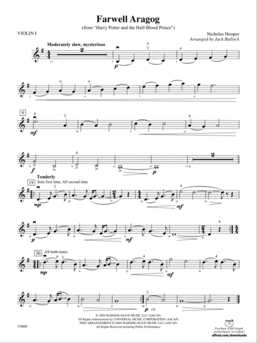 Farewell Aragog (from Harry Potter and the Half-Blood Prince): 1st Violin String Orchestra scores gallery preview page 1