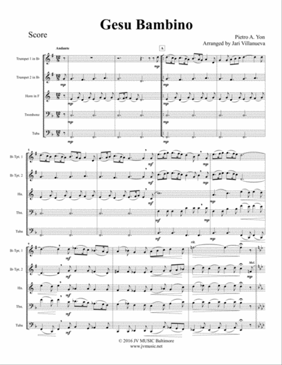 Gesu Bambino (The Infant Jesus) for Brass Quintet Brass Quintet scores gallery preview page 2