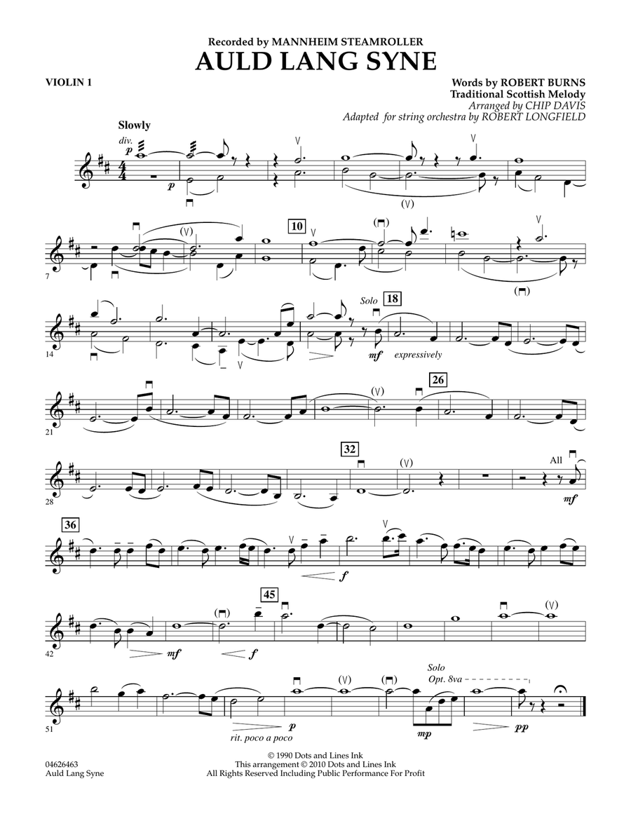 Auld Lang Syne - Violin 1 Orchestra scores gallery preview page 1