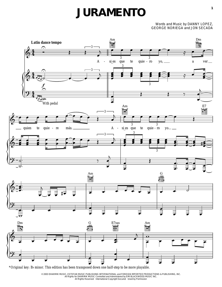 Juramento Piano, Vocal, Guitar scores gallery preview page 1