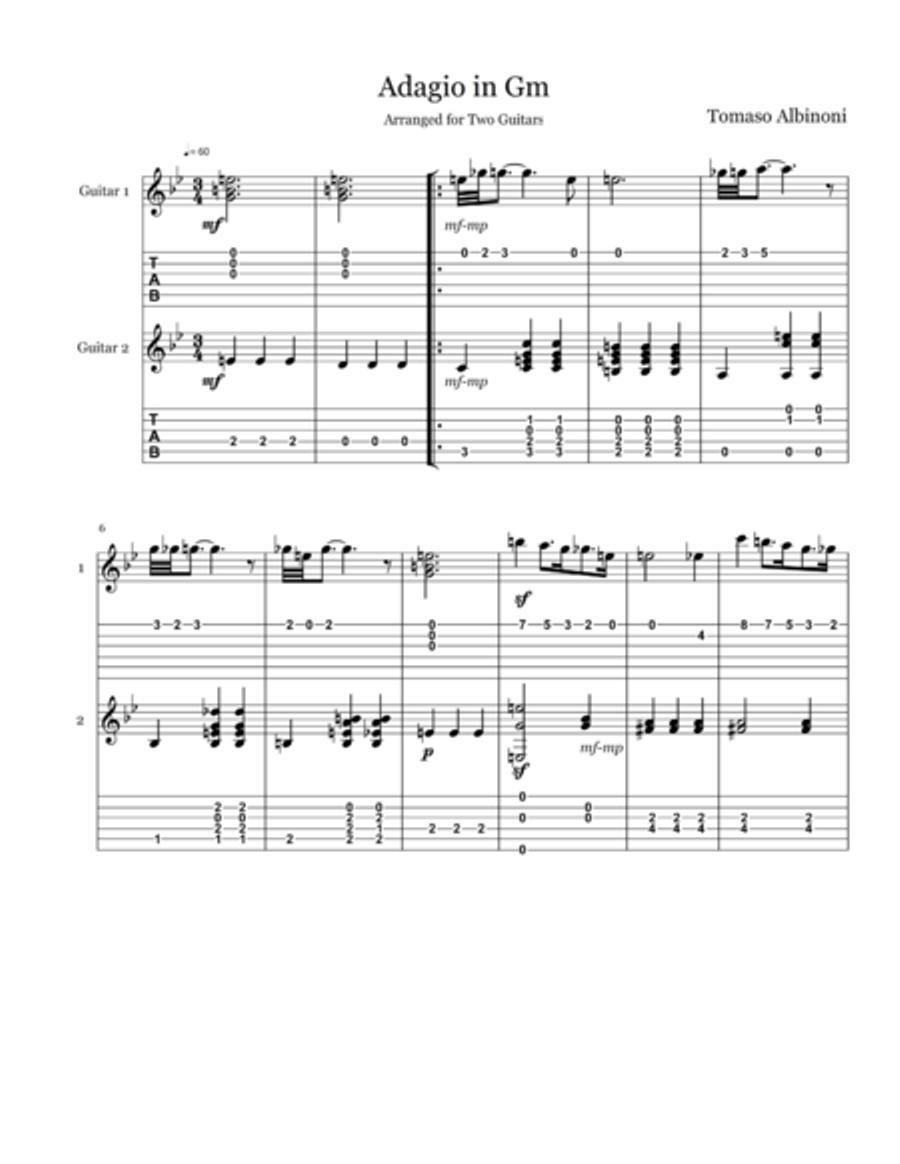 Adagio in Gm - Guitar Duet Acoustic Guitar scores gallery preview page 1