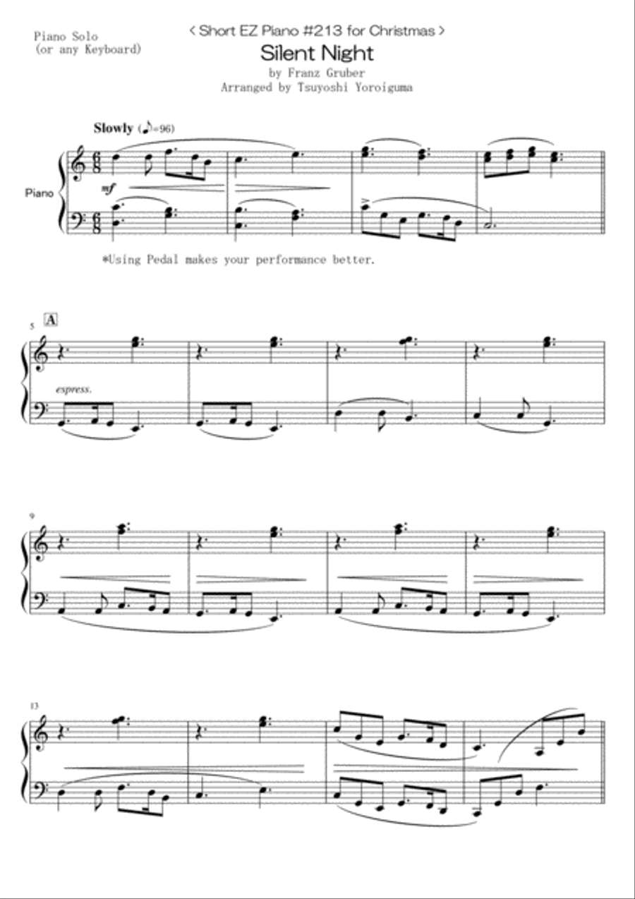 < Short EZ Piano #213 for Christmas > Silent Night Piano Method scores gallery preview page 1