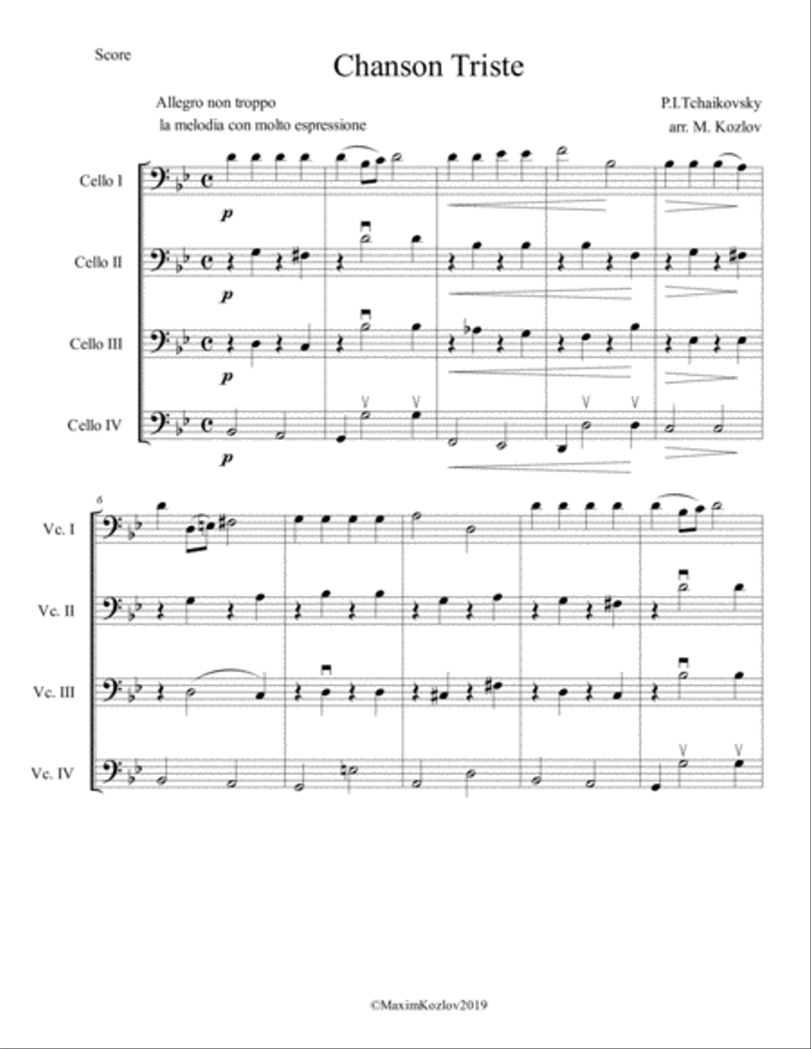 P.I.Tchaikovsky Chanson Triste Op.40 for cello quartet String Quartet scores gallery preview page 2