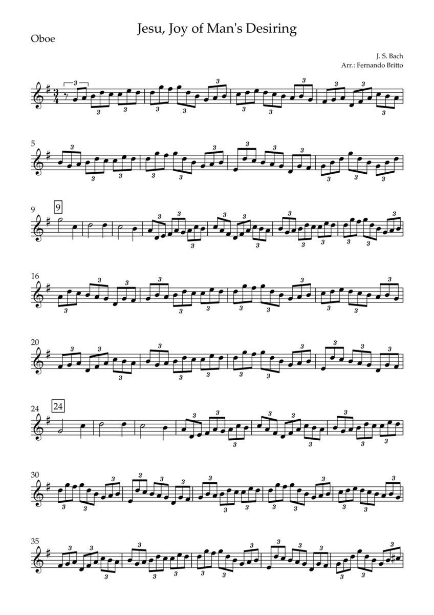 Jesu, Joy of Man's Desiring (J. S. Bach) for Oboe Solo