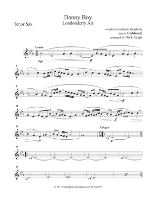 Danny Boy for Saxophone Quintet - Tenor Sax part
