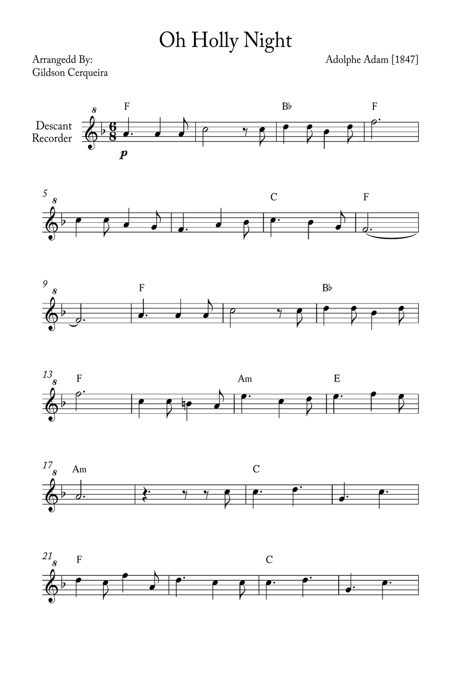 Oh Holy night Soprano Recorder scores gallery preview page 1