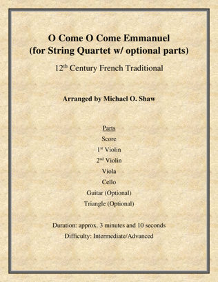 Book cover for O Come O Come Emmanuel; a 12th century traditional Christmas hymn for String Quartet
