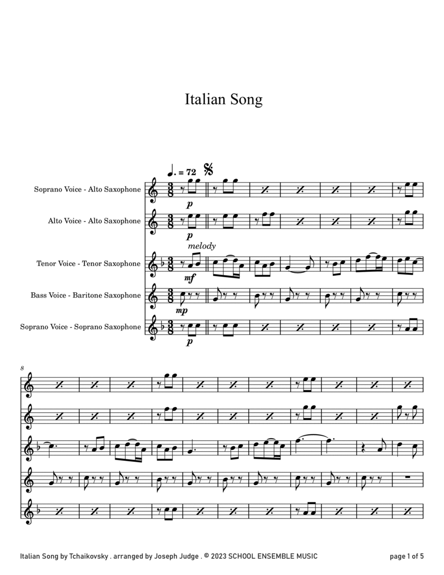 Italian Song by Tchaikovsky for Saxophone Quartet in Schools Saxophone Quartet scores gallery preview page 1