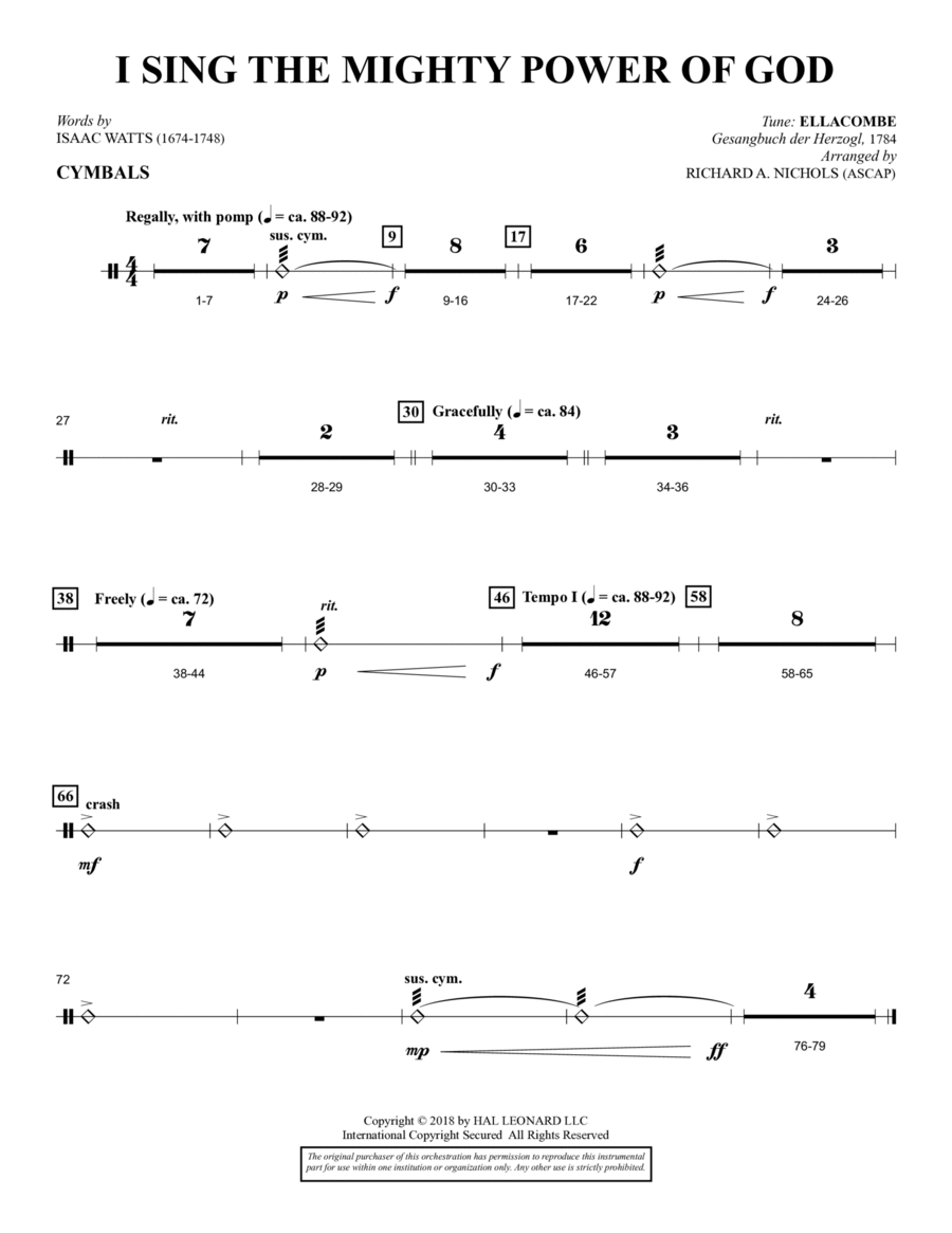 I Sing the Mighty Power of God (arr. Richard Nichols) - Cymbals