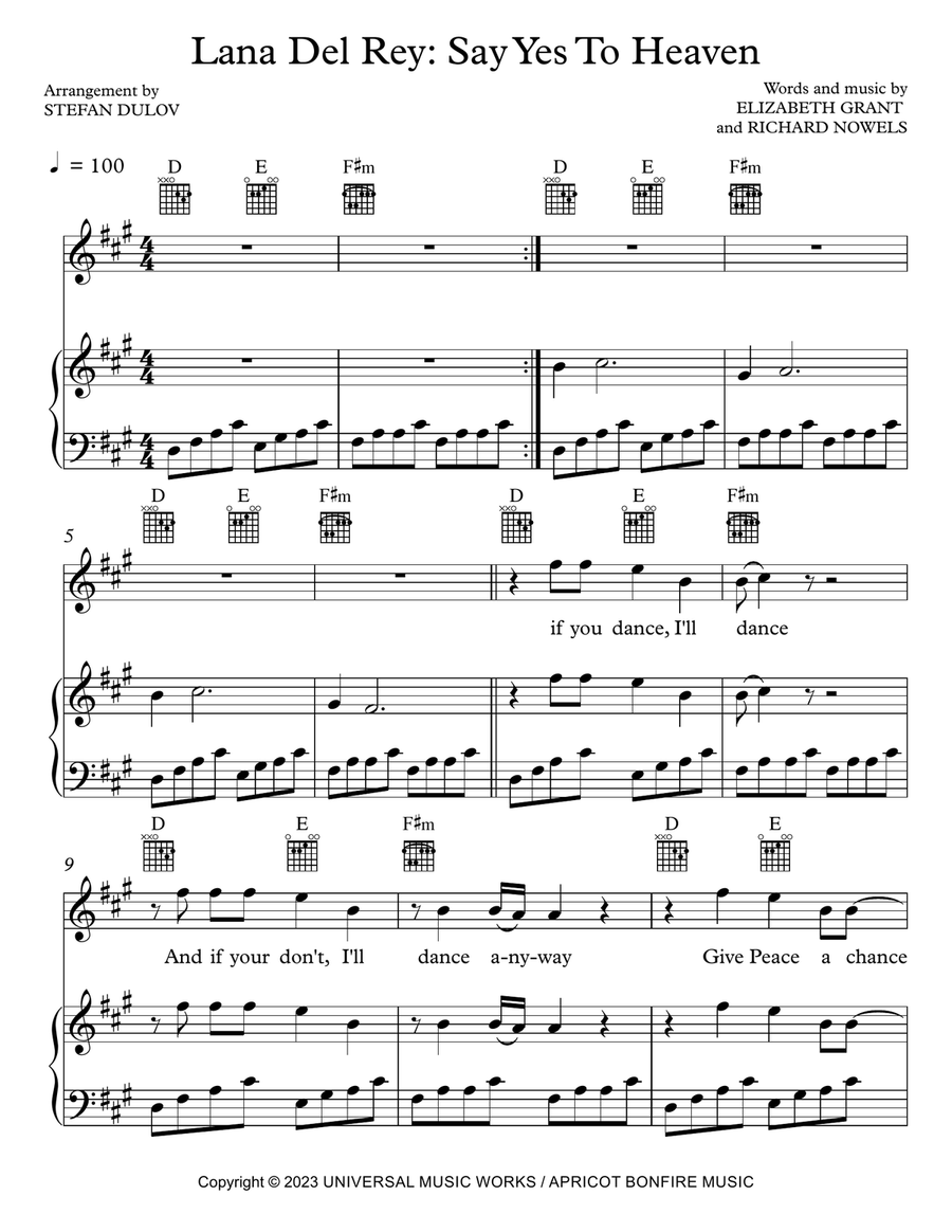Say Yes To Heaven Piano, Vocal, Guitar scores gallery preview page 1