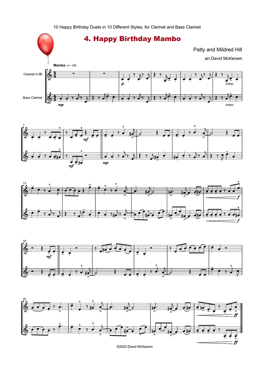 10 Happy Birthday Duets, (in 10 Different Styles), for Clarinet and Bass Clarinet Clarinet Duet scores gallery preview page 5