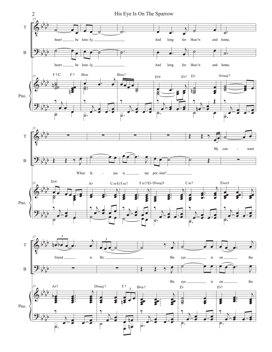 His Eye Is On The Sparrow (Duet for Tenor and Bass solo) (Easy Vocal Duet Version) Bass Voice scores gallery preview page 2