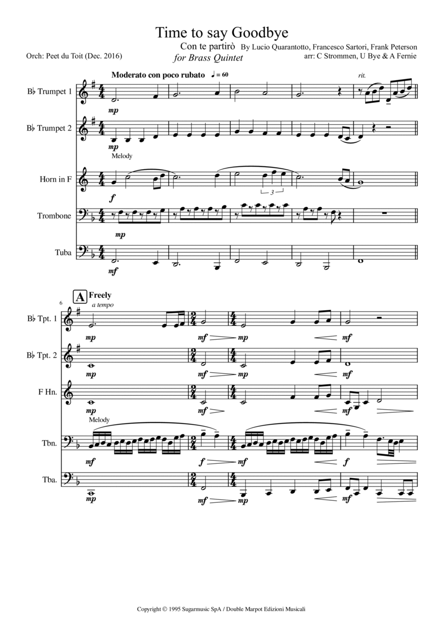 Time To Say Goodbye Brass Quintet scores gallery preview page 1