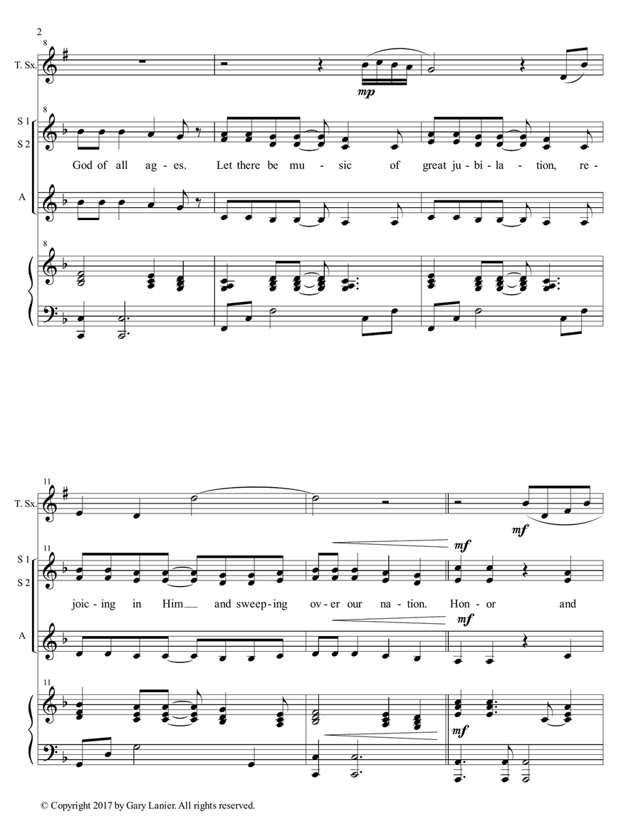 AMERICA, HONOR GOD (Ladies Trio - SSA with Tenor Sax & Piano) SSA scores gallery preview page 3