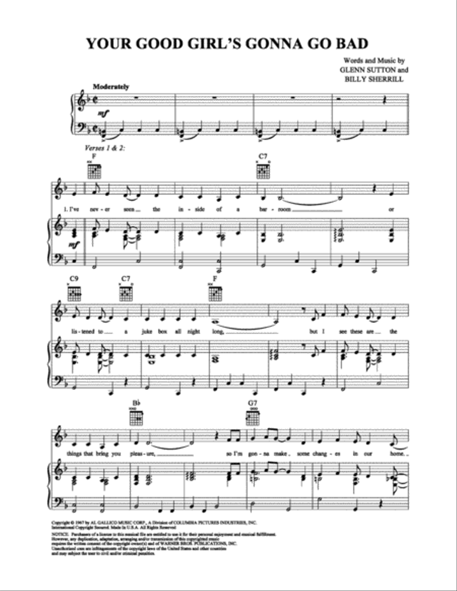 Your Good Girl's Gonna Go Bad Piano, Vocal, Guitar scores gallery preview page 1