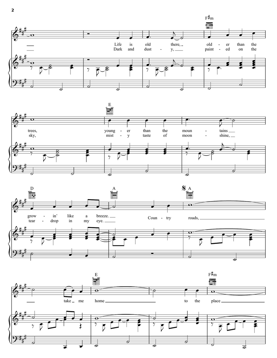 Take Me Home, Country Roads Piano, Vocal, Guitar scores gallery preview page 2