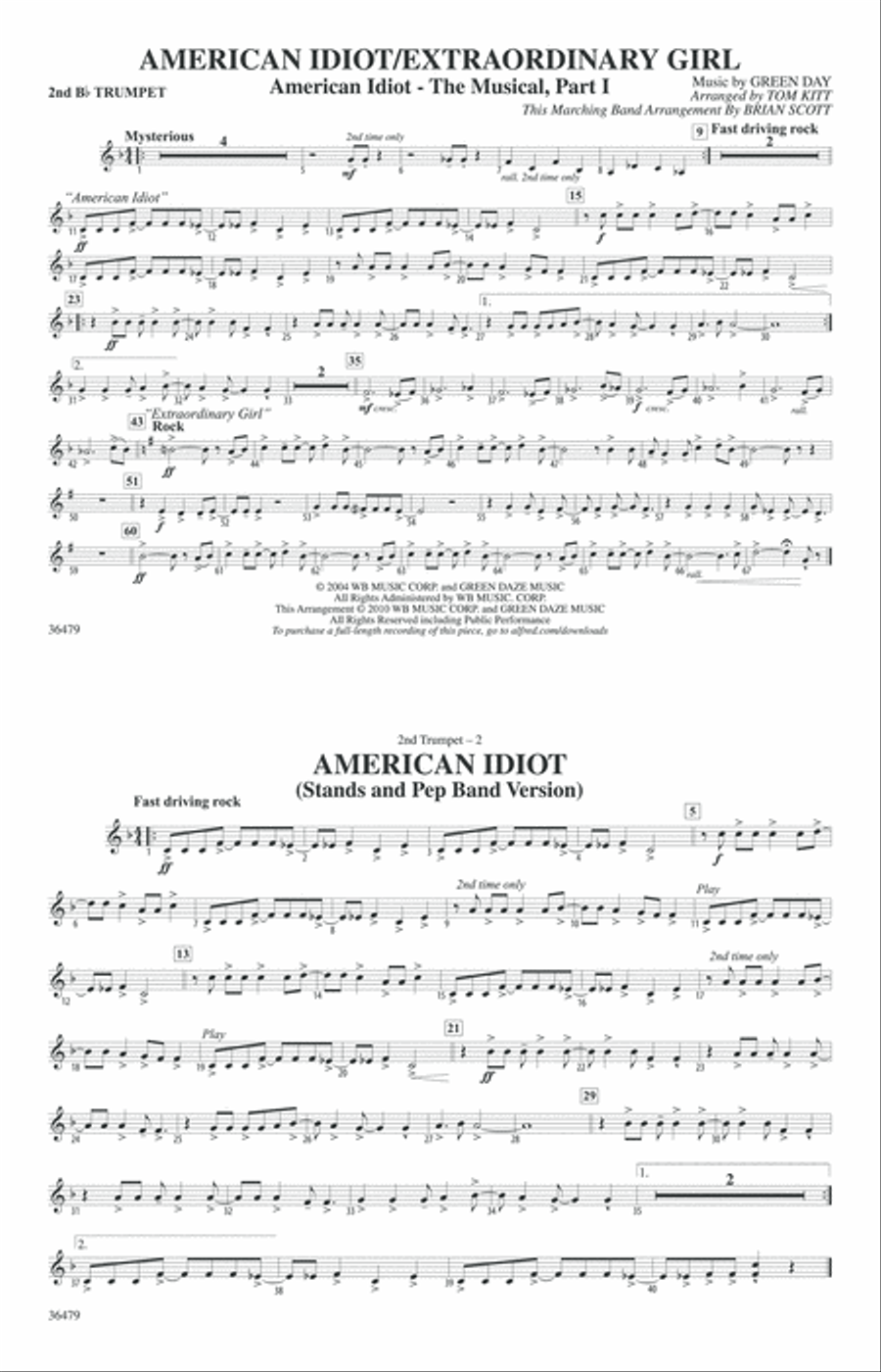 American Idiot / Extraordinary Girl: 2nd B-flat Trumpet Marching Band scores gallery preview page 1