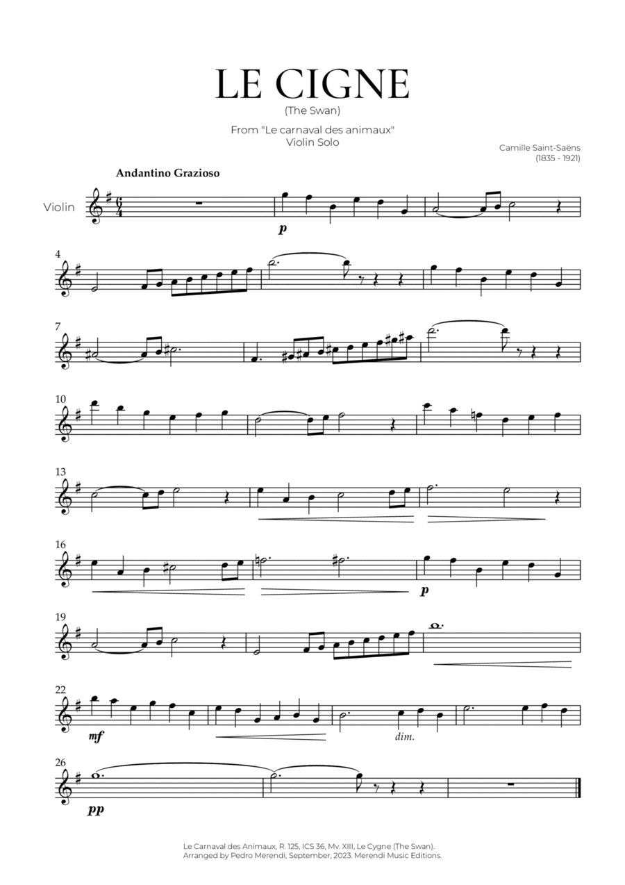 The Swan (Violin Solo) - Saint Saens Violin Solo scores gallery preview page 1
