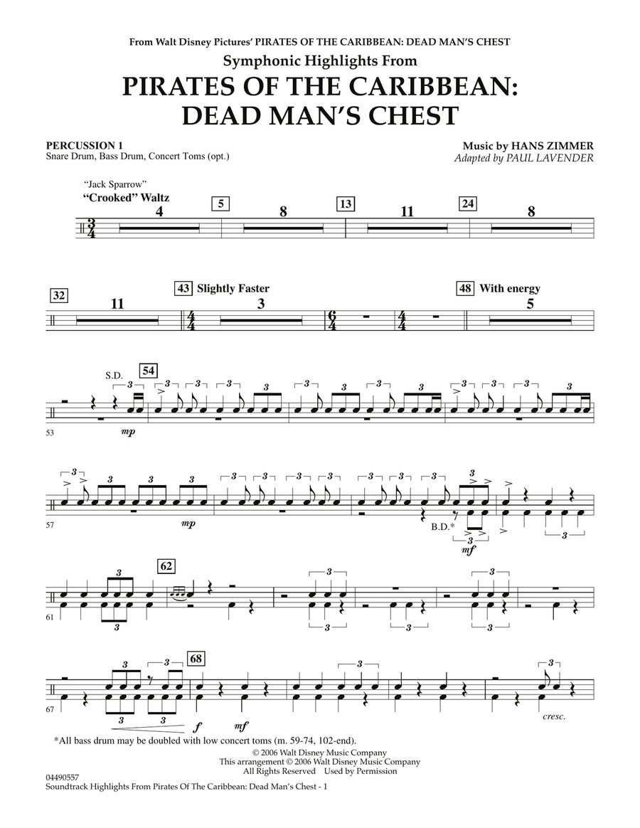 Soundtrack Highlights from Pirates Of The Caribbean: Dead Man's Chest - Percussion 1 Full Orchestra scores gallery preview page 1