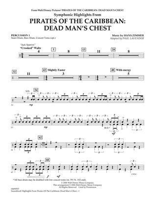 Book cover for Soundtrack Highlights from Pirates Of The Caribbean: Dead Man's Chest - Percussion 1