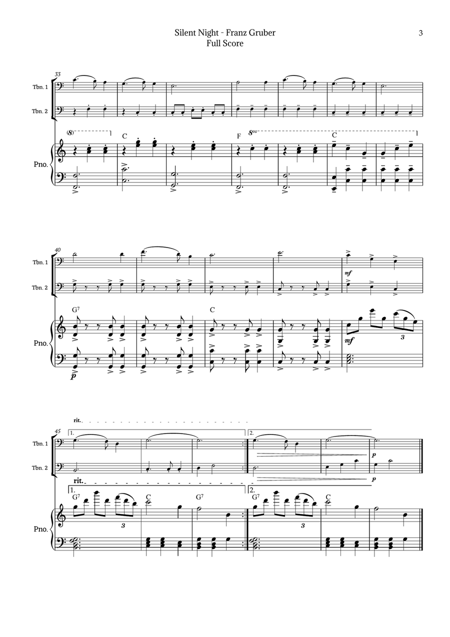 Silent Night for Trombone Duet with Piano Trombone Duet scores gallery preview page 3
