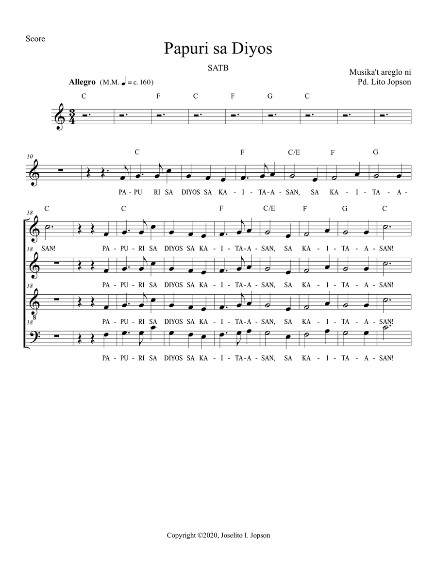 Papuri sa Diyos (SATB) Papuri sa Diyos (SATB) SA scores gallery preview page 1