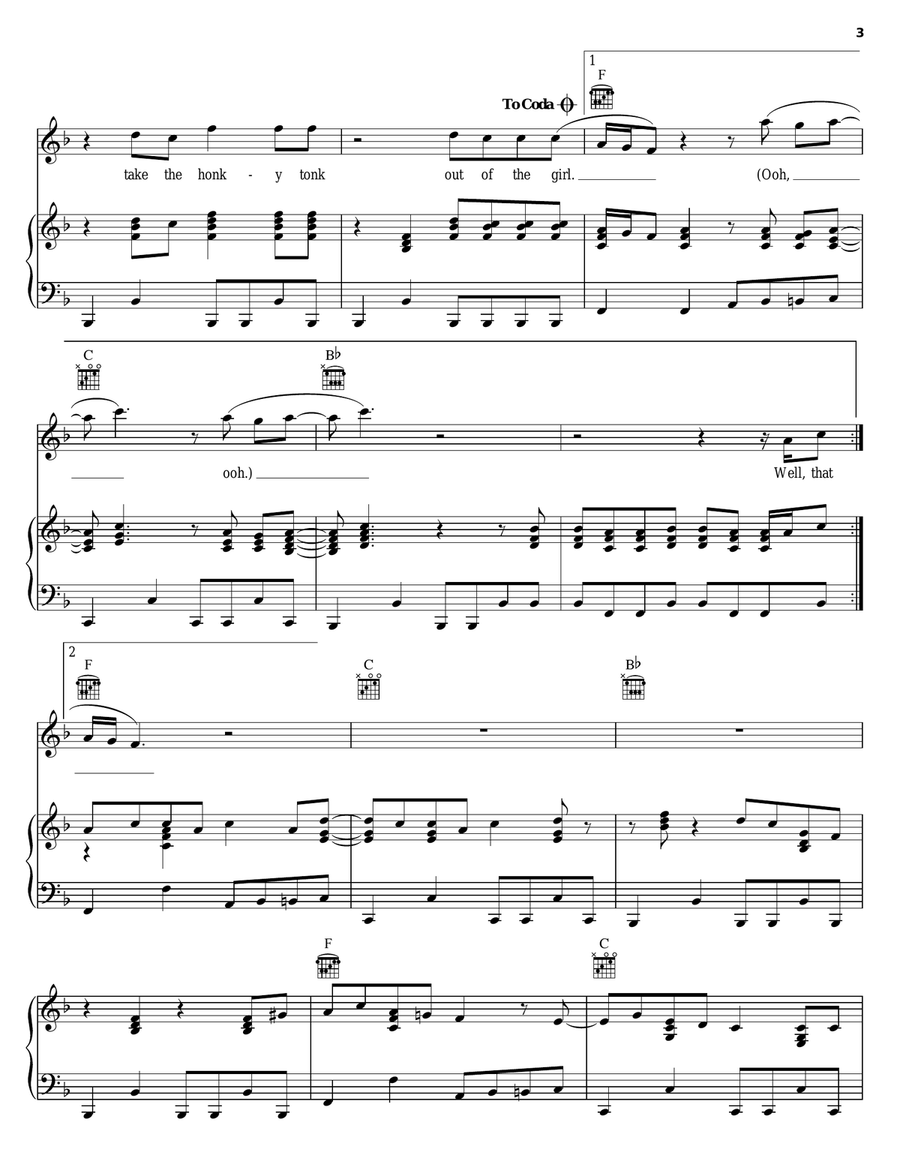 You Can't Take The Honky Tonk Out Of The Girl Piano, Vocal, Guitar scores gallery preview page 3