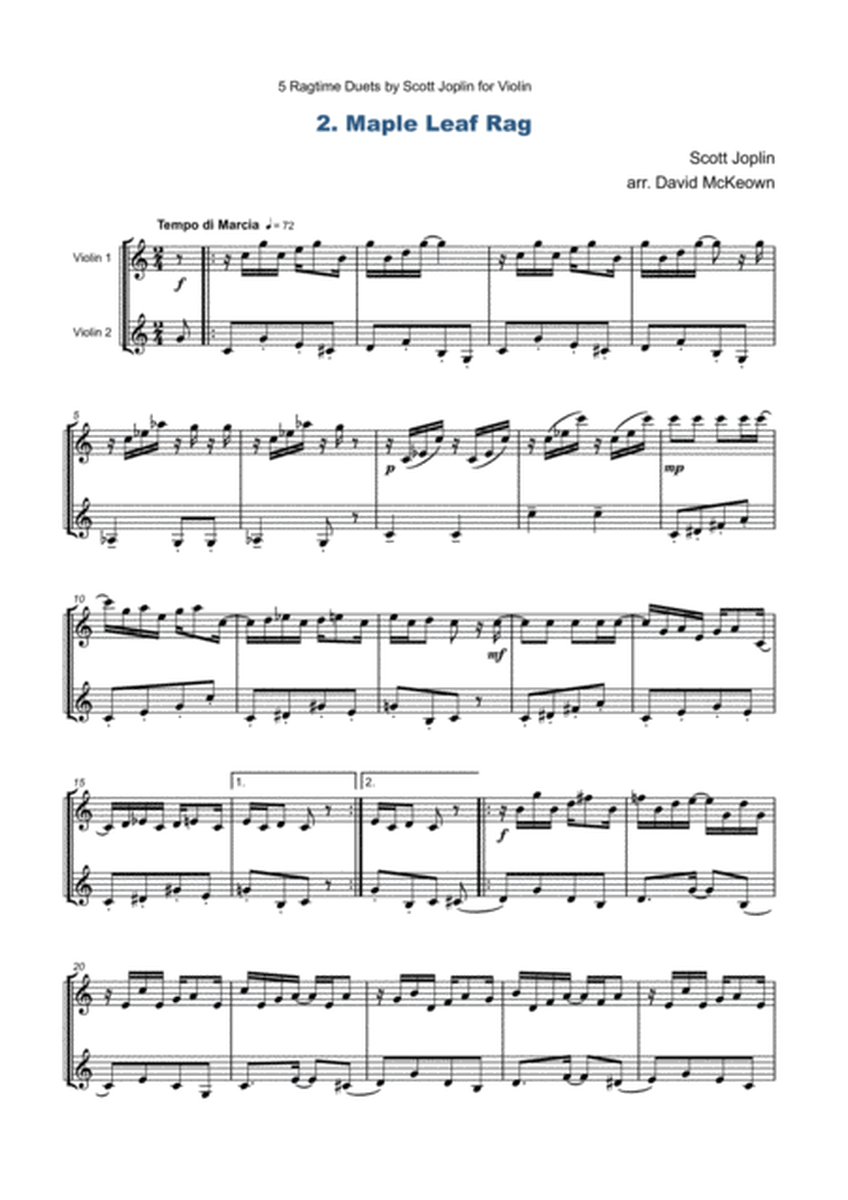 Five Ragtime Duets by Scott Joplin for Violin