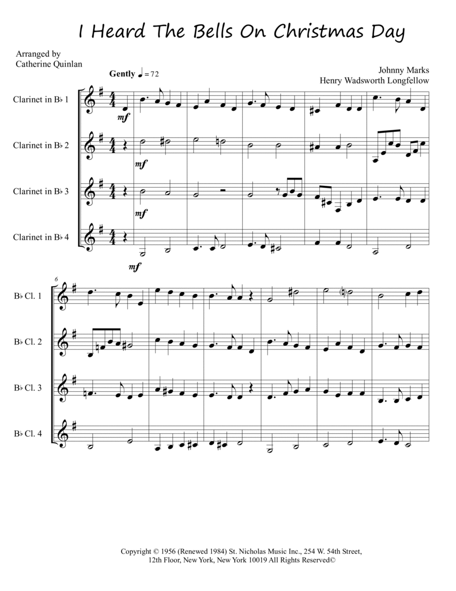 I Heard The Bells On Christmas Day Clarinet Quartet scores gallery preview page 1