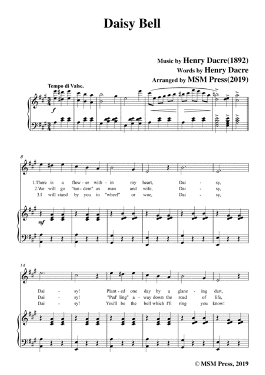 Henry Dacre-Daisy Bell,in A Major,for Voice and Piano Voice Solo scores gallery preview page 3
