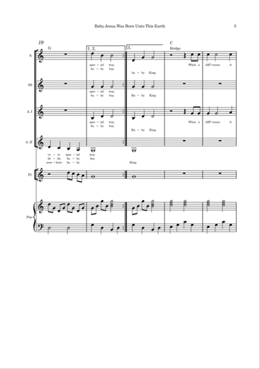Baby Jesus Was Born Unto This Earth SSAA flute or cello or violin and piano SSAA scores gallery preview page 5