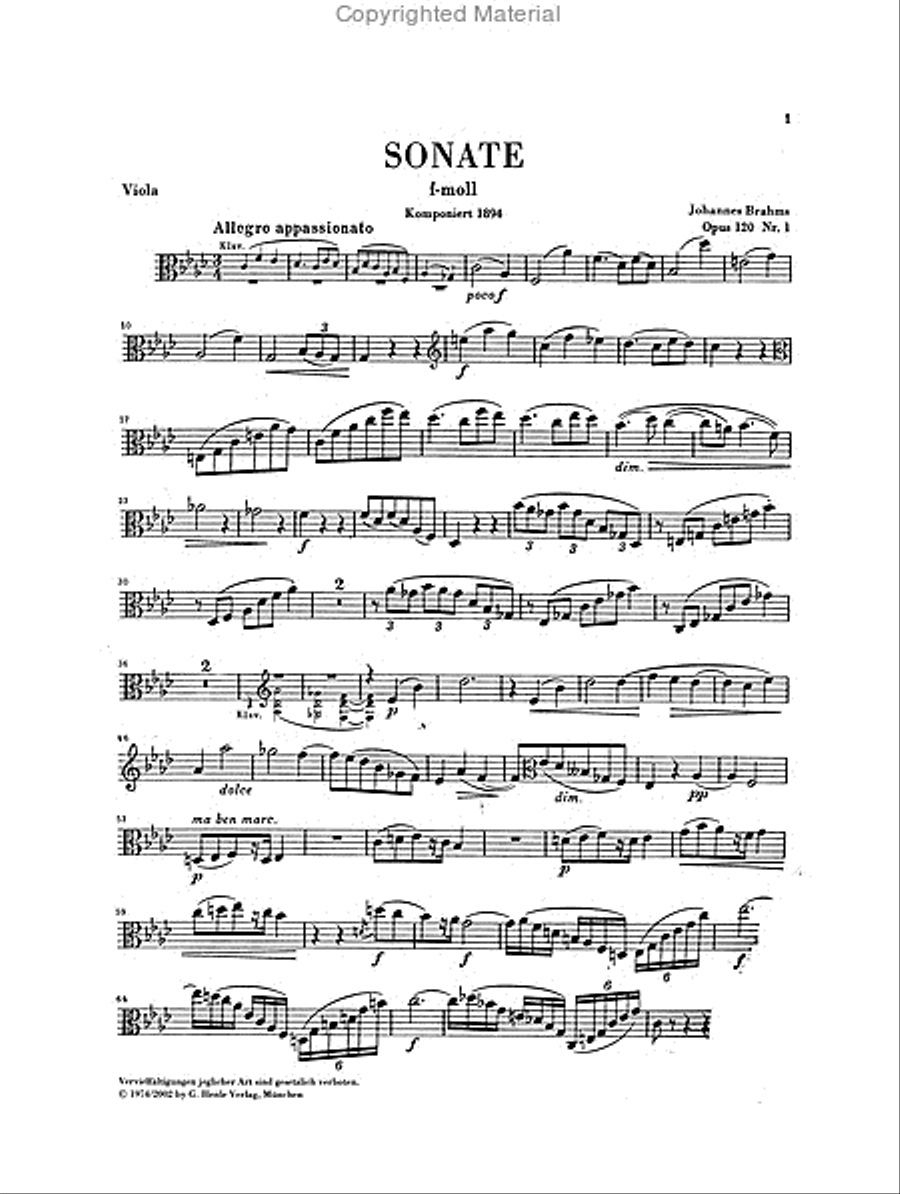 Sonatas for Piano and Clarinet (or Viola) op. 120, Nos. 1 and 2 (Viola part only)