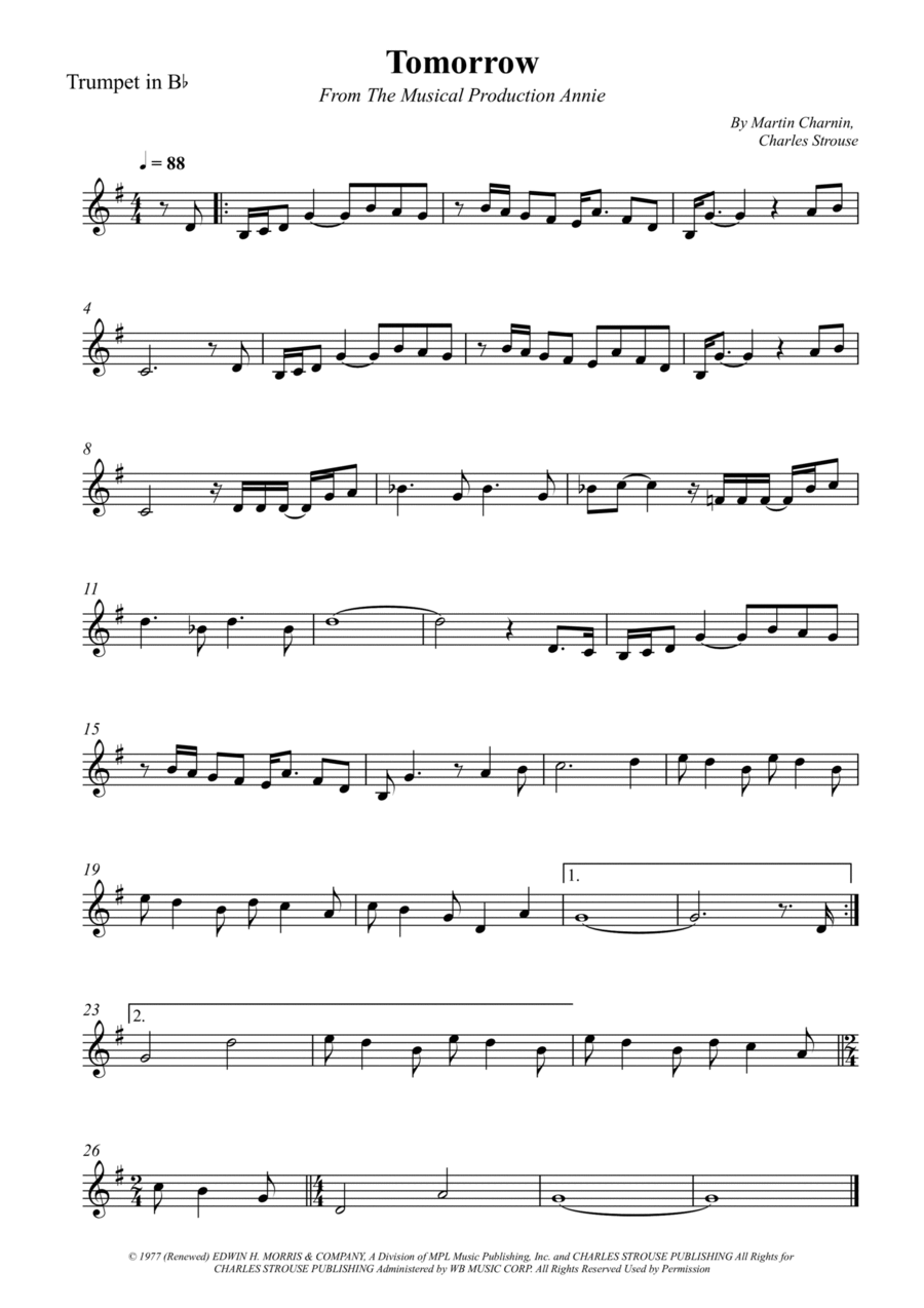 Tomorrow B-Flat Trumpet scores gallery preview page 1