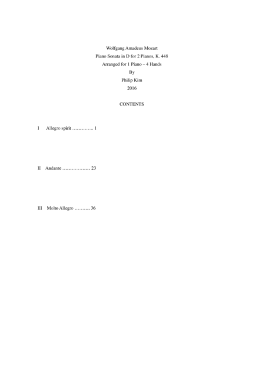 Mozart Sonata in D, K. 448 for 2 Pianos (Complete) Arranged for 1 piano-4 hands by Philip Kim 1 Piano, 4-Hands scores gallery preview page 2