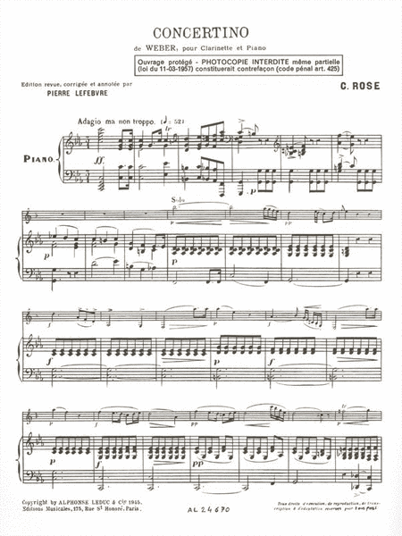 Weber Carl Maria Von Lefebvre Concertino Op 26 Clarinet & Piano Book