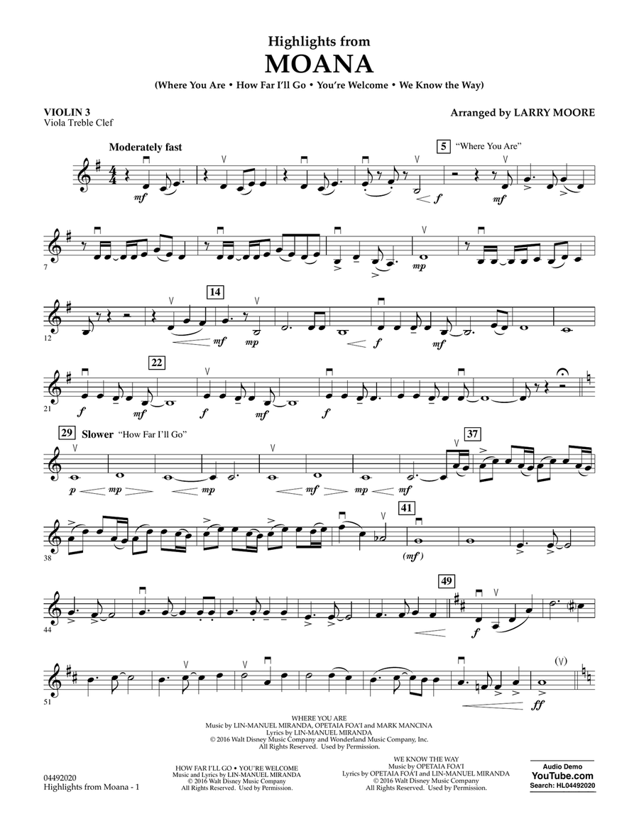Highlights from Moana - Violin 3 (Viola Treble Clef) Orchestra scores gallery preview page 1