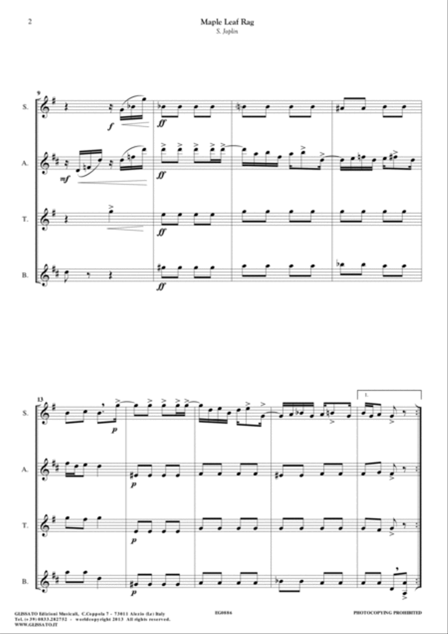 Saxophone sheet music for Quartet "Maple Leaf Rag" (score & parts) image number null