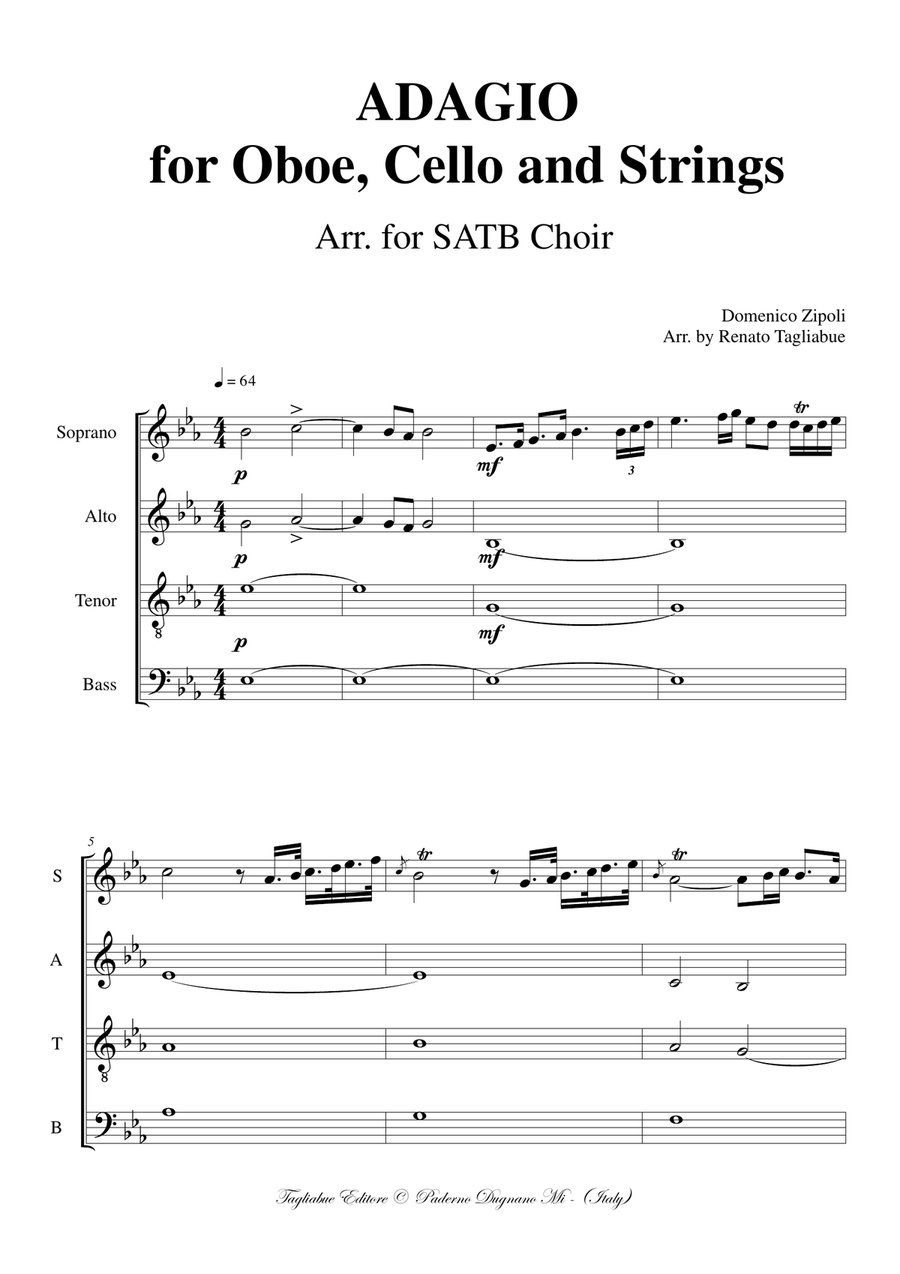 ADAGIO - for Oboe, Cello and Strings - D. Zipoli - Arr. for SATB Choir in vocalization - Score Only 4-Part scores gallery preview page 2