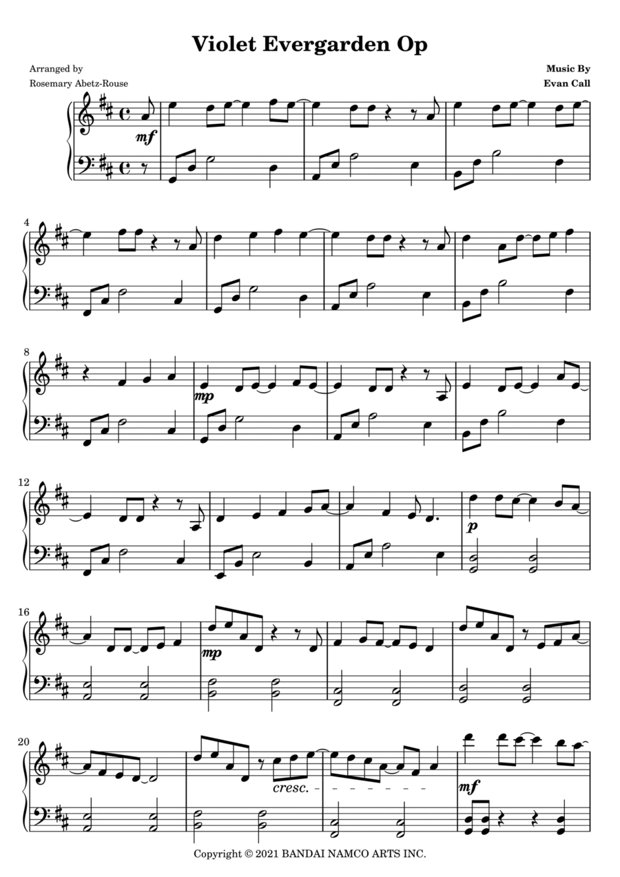 Violet Evergarden Op Easy Piano scores gallery preview page 1